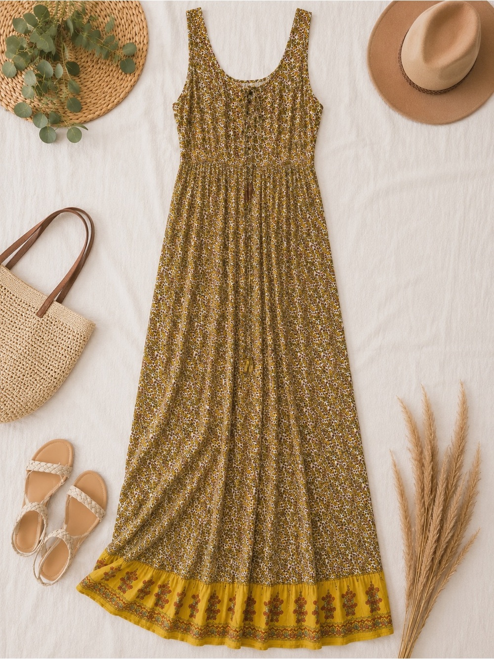 J Gee Floral Maxi Dress with Yellow Border boho style